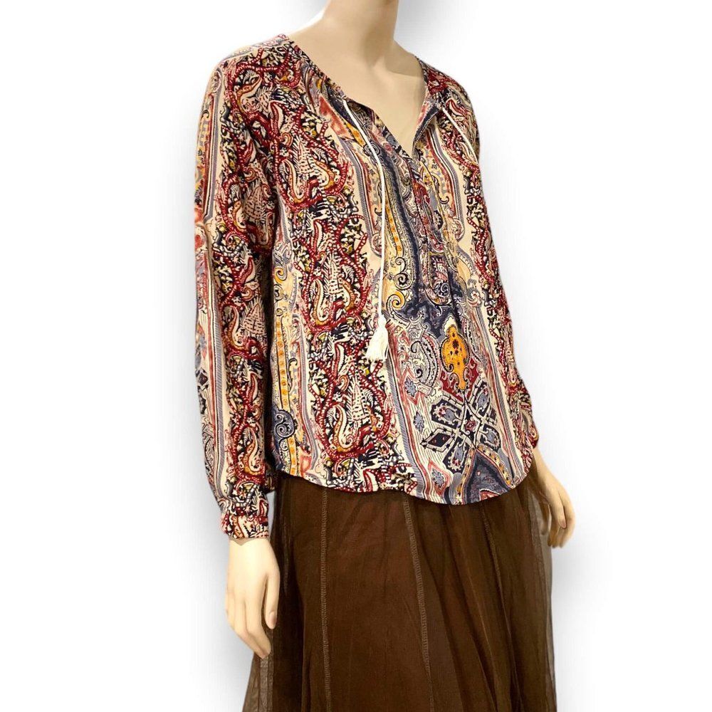 Brown Floral Tassel Tie Neckline Long Sleeve Blouse NEW
